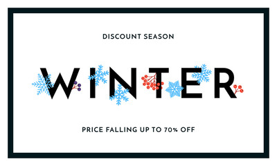 Winter sale discount season banner or poster design template. Vector winter holiday sale discount shopping text for price off reduce falling in frame on white snow and snowflakes background