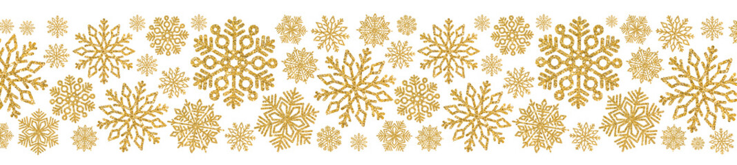 Christmas pattern with gold snowflakes. Border of sequin confetti. Glitter powder sparkling background.