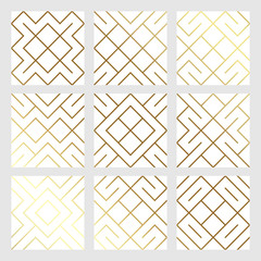Poster - Golden abstract geometric seamless pattern tile background with gold glittering mesh texture. Vector pattern of rhombus and metal line nodes for luxury golden geometry backdrop white design template