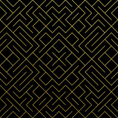 Aufkleber - Golden abstract geometric pattern tile background with gold glittering mesh texture. Vector seamless pattern of rhombus and metal line nodes for luxury golden geometry backdrop black design template