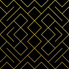 Aufkleber - Golden geometric pattern background with abstract gold glitter mesh texture. Vector seamless ornate geometry pattern of rhombus and metal line nodes for luxury golden ornate black backdrop design