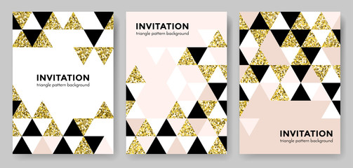 Aufkleber - Abstract geometric gold pattern background for invitation card design template of square and triangle modern trendy golden elements. Vector geometry backdrop or gold glitter texture poster background