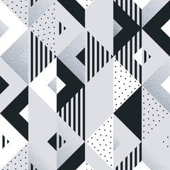 Aufkleber - Abstract geometric silver pattern background of square and triangle elements for modern trendy design template. Vector geometry backdrop or silver glitter texture white and black background
