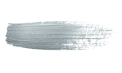 Poster - Silver glitter paint brush stroke or abstract dab smear with smudge texture on white background. Isolated glittering and sparkling silver paint ink paintbrush splash stain for luxury cosmetic design
