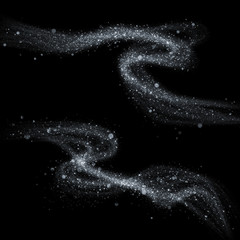 Wall Mural - Glittering silver smoke tail or heat haze wave with glitter texture light effect. Silver light steam wave or trail trace with lens flare bokeh blur of sparkling snow light on black luxury background