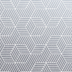 Poster - Geometric silver 3D cubes seamless pattern with glitter texture of abstract line mesh on white background. Vector silver glittering ornament for woven textile tile or modern backdrop swatch design
