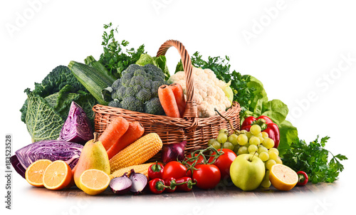 Composition with variety of raw organic vegetables and fruits © monticellllo