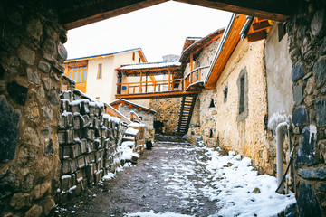 Wall Mural - Mestia streets, backyard - townlet in the highlands of Upper Svaneti province in the Caucasus Mountains.