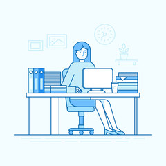 Poster - ector illustration in trendy flat linear style and blue colors - woman working sitting at the desk