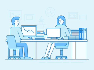 Poster - Vector illustration in trendy flat linear style and blue colors - woman and man working