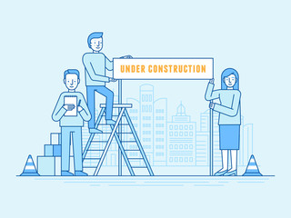 Poster - Under construction - vector illustration in trendy flat and linear style and blue colors