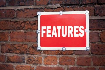 Aufkleber - Hand writing text caption inspiration showing Features concept meaning Advertisement Advertising written on old announcement road sign with background and copy space