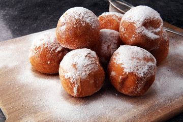 Wall Mural - German donuts.  berliner or quarkbällchen with jam and icing sugar.