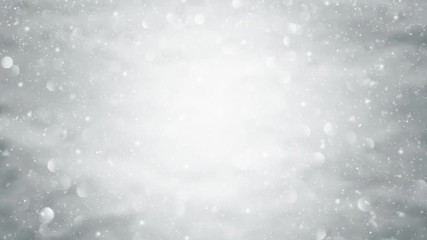 Wall Mural - Snowfall on out of focus abstract blurred winter silver snow bokeh light nature background.