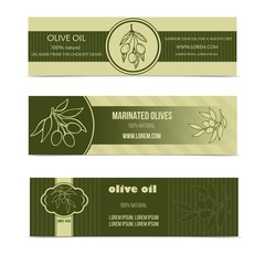 Olive oil horizontal banner set with tree branch and fruits isolated vector illustration