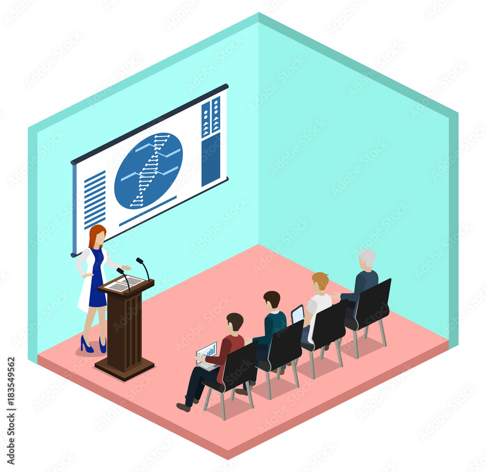 Isometric 3D vector illustration concept report at a medical conference ...