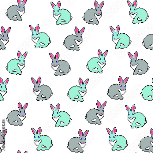Grey And Blue Rabbit Seamless Pattern On Black And White Background Vector Isolated Cartoon Animals Texture Template In Pixel Art Style Use For Kids Fabric Cloth Swimwear Design Wallpaper Wrapping Stock Vector grey and blue rabbit seamless pattern