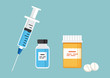 Syringe for injection with blue vaccine, vial of medicine, and medicine bottle and pills. Vector illustration