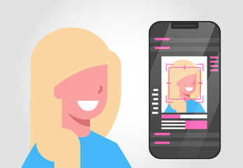 Poster - Smart Phone Security System Scanning Female User Biometric Identification Concept Face Recognition Technology Vector Illustration