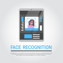 Poster - Face Recognition Technology Digital Tablet Security System Scanning African American Female User Biometric Identification Concept Vector Illustration