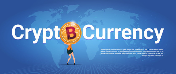 Poster - Crypto Currency Horizontal Banner Woman Holding Golden Bitcoin Over World Map Background Digital Web Money Concept Vector Illustration