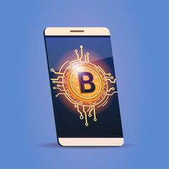 Poster - Cell Smart Phone With Bitcoin Icon Digital Web Money Crypto Currency Concept Vector Illustration