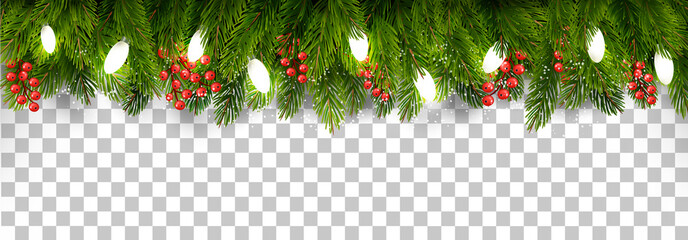 Christmas holiday decoration with branches of tree and garland on transparent background. Vector.