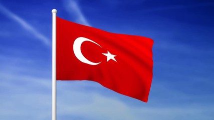 Wall Mural - Waving flag of Turkey on the blue sky background - 3D rendered
