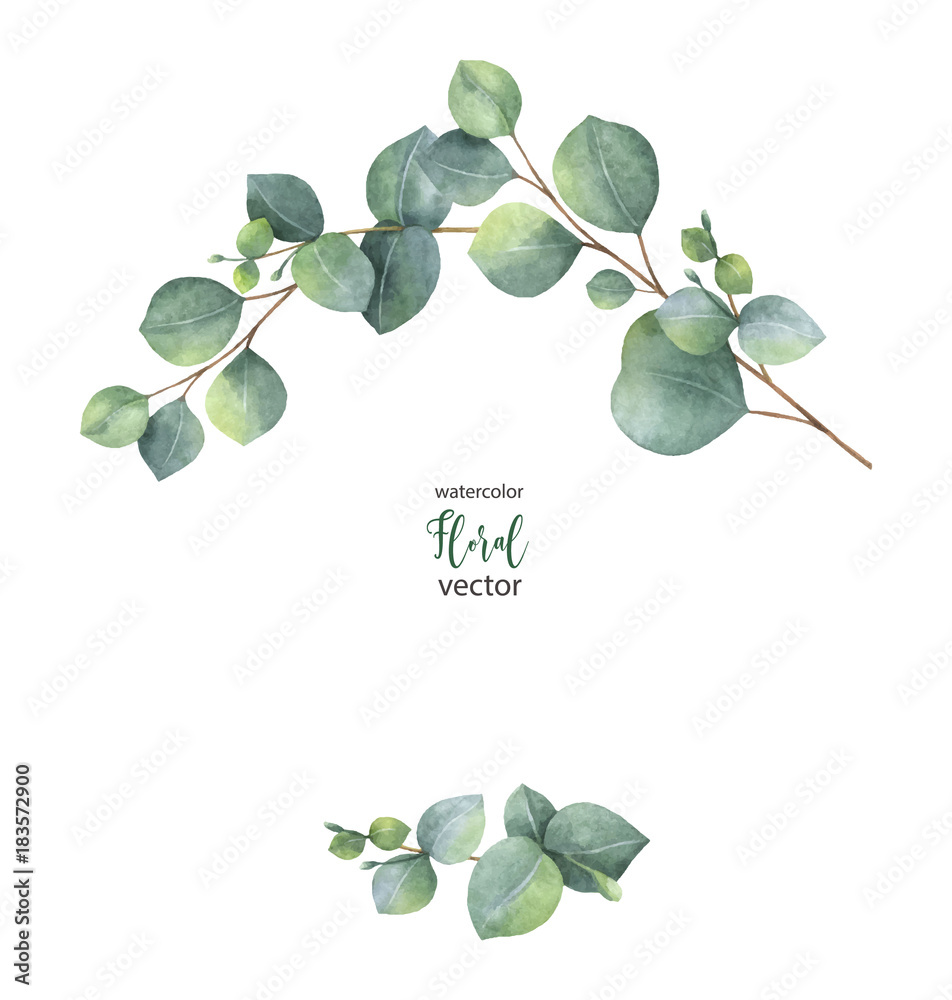 Watercolor vector wreath with green eucalyptus leaves and branches. - obrazy, fototapety, plakaty 