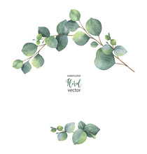 Watercolor Vector Wreath With Green Eucalyptus Leaves And Branches.