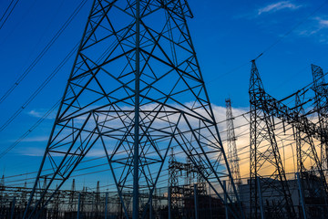 electricity transmission and blue sky at dusk , Power Tower  at bangkok in thailand