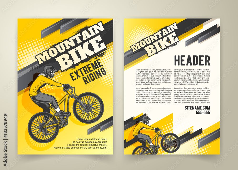 Vector flyer with ride on sports bicycle on yellow background, ad banners. Abstract poster of BMX competitions motocross template for promoting extreme mountain biking with cyclist and place for text - obrazy, fototapety, plakaty 