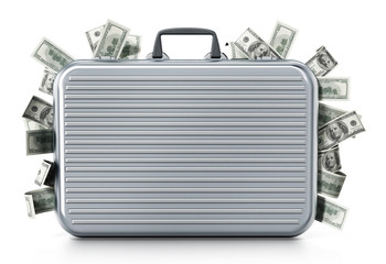 Dollar piles inside briefcase. 3D illustration