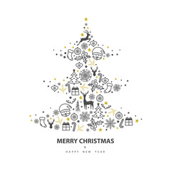 Wall Mural - christmas and new years greeting card with christmas tree. vector illustration
