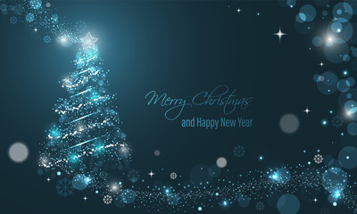 Poster - Iluminated Christmas tree with glitter, stars, snowflakes and transparent circles on a blue winter glowing vector background.