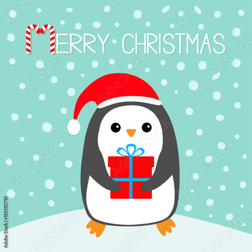 Merry Christmas Candy Cane Penguin On Snowdrift Santa