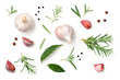 Garlic, Rosemary, Bay Leaves, Allspice and Pepper Isolated on White Background