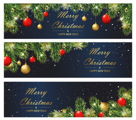 Wall Mural - christmas and new year banners with fir branches and balls. vector illustration eps 10