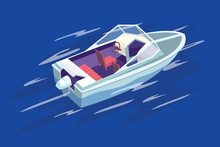 The Boat Floats By The Sea. Vector Illuctration