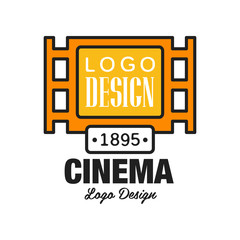 Sticker - Creative cinema or movie logo template design. Emblem concept with old retro vintage orange filmstrip and text. Flat line style vector icon illustration.