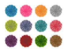 Colorful Fluffy Pompom Set Isolated On White Background. Vector Set