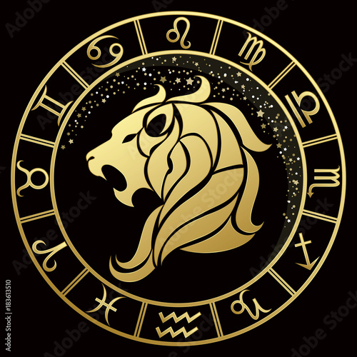 Fotografía  Leo zodiac sign on a dark background with round gold frame