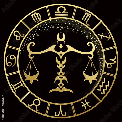 Fotografie, Obraz Libra zodiac sign on a dark background with round gold frame