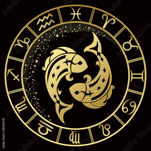 Fotografía Pisces zodiac sign on a dark background with round gold frame