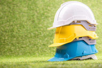 Poster - white, yellow and blue safety helmet