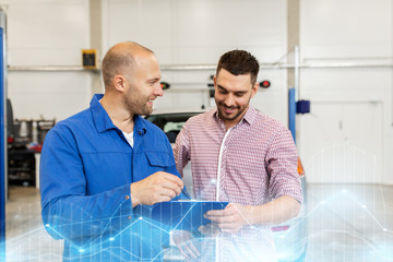 Poster - auto mechanic with clipboard and man at car shop