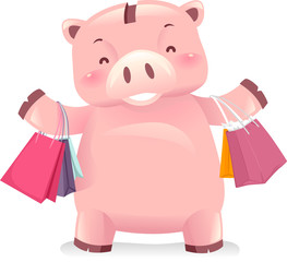 Wall Mural - Piggy Bank Robot Mascot Shopping Bags Illustration