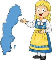 Poster - Kid Girl Map Sweden Illustration