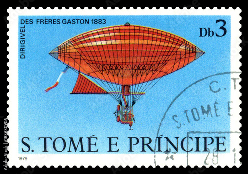 Postage stamp. Dirigible Freres Gaston 1883. Tableau sur Toile