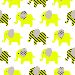 Wall Mural - Cute elephant cartoon neon green baby seamless vector pattern. Funny kid animal repeat background for textile and wallpaper design.